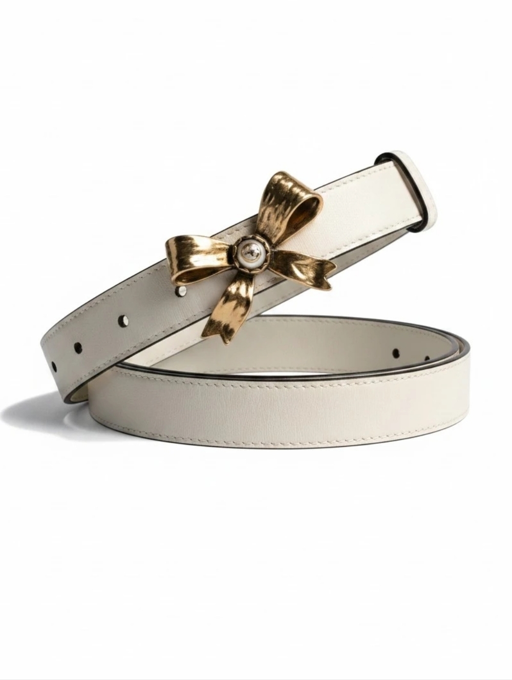 Gucci GG Pearl Embellished Off-White Ribbon Leather Belt
